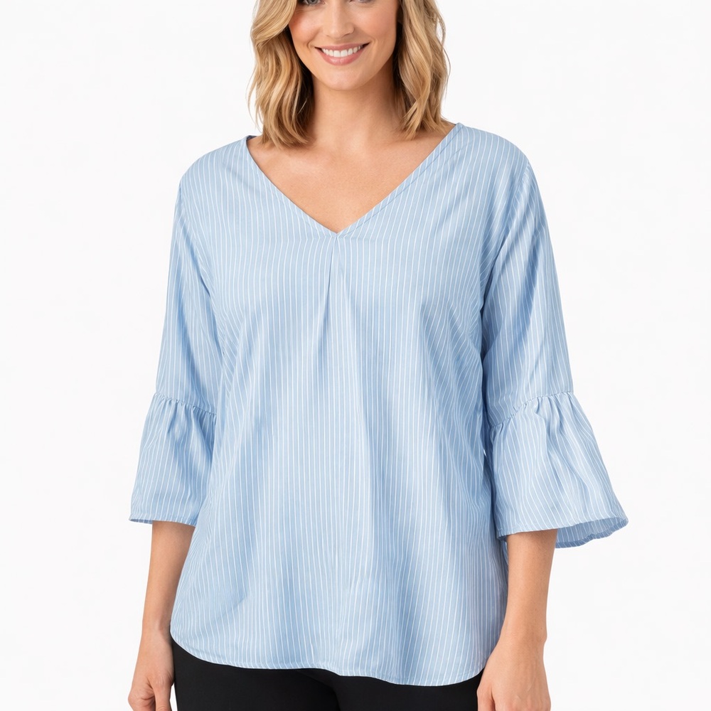 Apt 9 Blue Pinstripe Bell Sleeve V Neck Blouse Lightweight Flowy